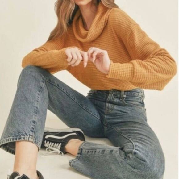 Free People Top Womens Small Yellow Juicy Long Sleeve Cowl Neck Waffle Knit - Picture 1 of 12